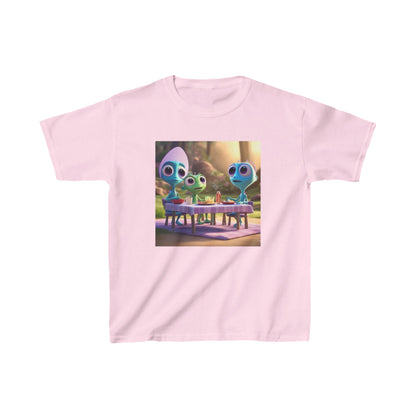 Kids Cute Aliens Heavy Cotton Tee in gentle pink displaying cute alien characters, tailored for aspiring little adventurers.