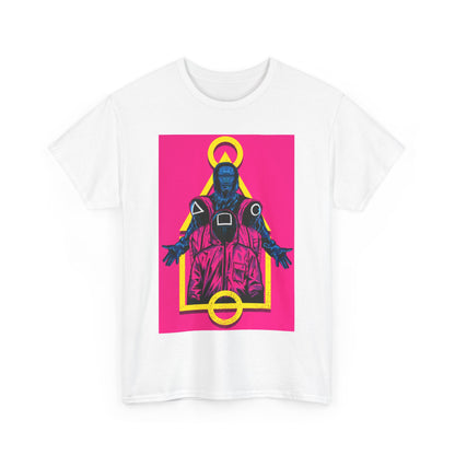 Elegant Squid Game unisex cotton t-shirt, showcasing an eye-catching illustration against a vibrant pink backdrop, ideal for those who appreciate unique and stylish graphic tees.