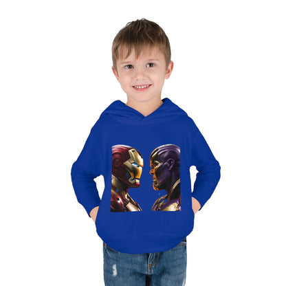 Iron Man Vs Thanos Childs unisex Hoodie, Fleece Sweater for ages 2-5 years, featuring a vivid graphic of Iron Man and Thanos in a face-off, perfect for young superhero fans.