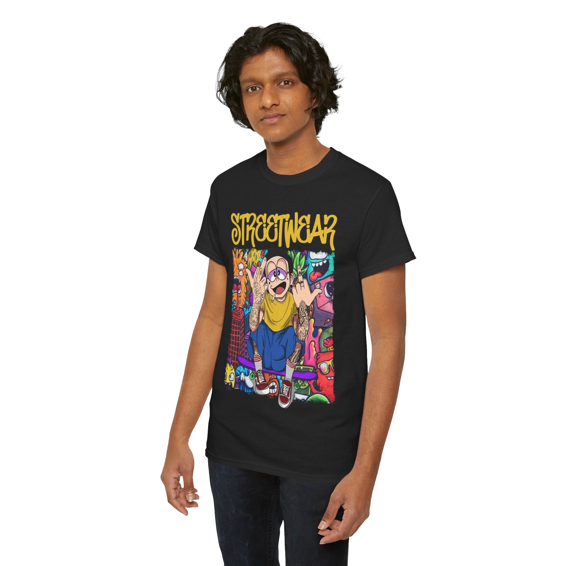 Stylish young man wearing a bold cartoon graphic streetwear t-shirt featuring vibrant designs, perfect for trendsetters.