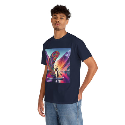 Luxury Paddleboard Adventure T-Shirt displayed on a man showcasing dynamic paddleboarding artwork, highlighting the elegance of outdoor adventures in a navy tee.