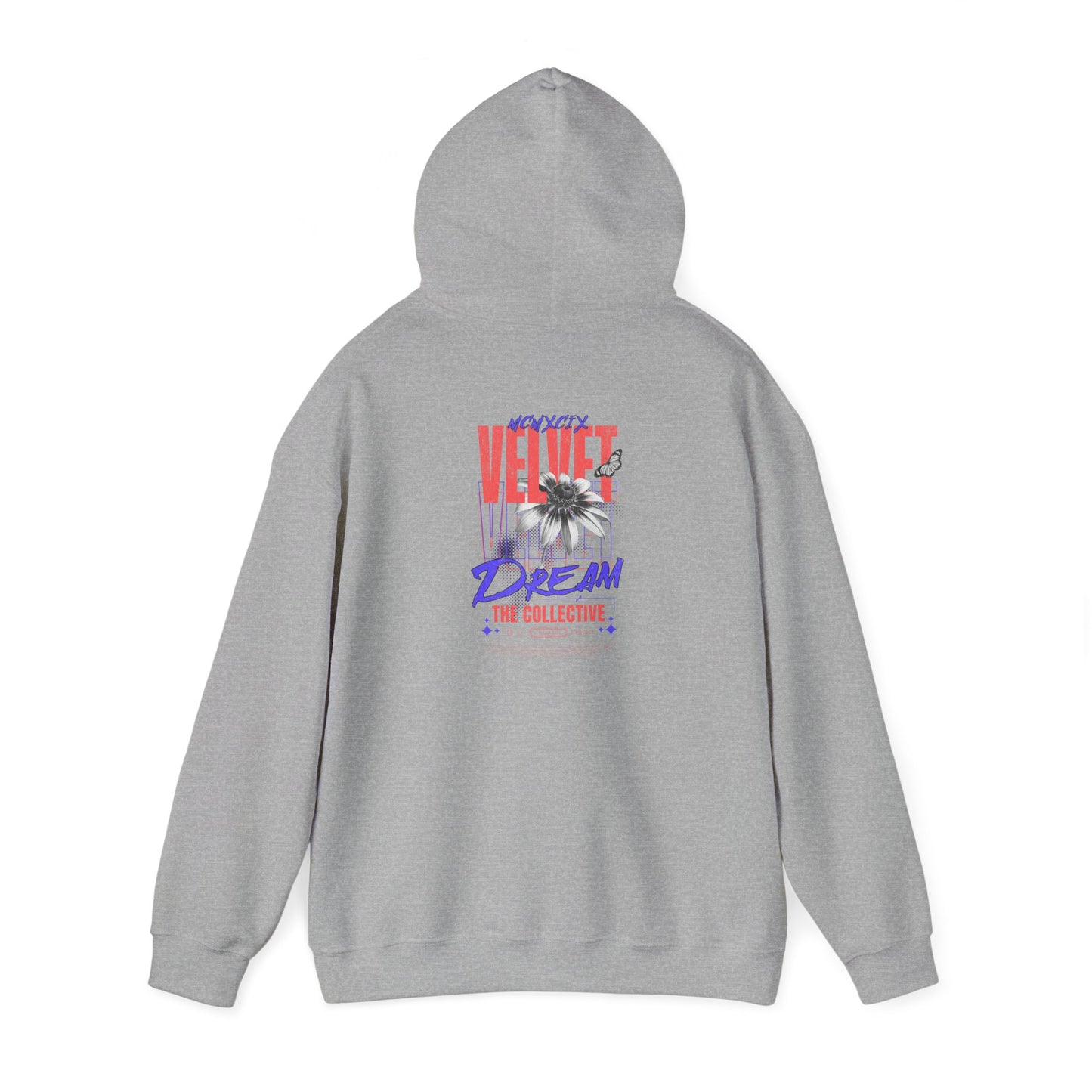 Chic grey back print hoodie displaying an artistic design with floral elements and striking lettering, embodying a fusion of comfort and style.
