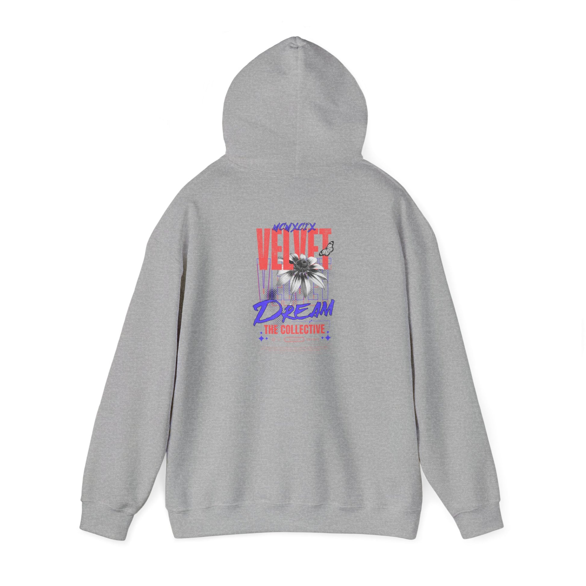 Chic grey back print hoodie displaying an artistic design with floral elements and striking lettering, embodying a fusion of comfort and style.