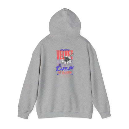 Chic grey back print hoodie displaying an artistic design with floral elements and striking lettering, embodying a fusion of comfort and style.