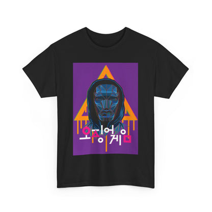 Elegant Squid Game Unisex Men’s Women’s Graphic Cotton Funny T Shirt Tee showcasing a bold graphic of a mysterious masked figure against a vivid purple triangle backdrop.