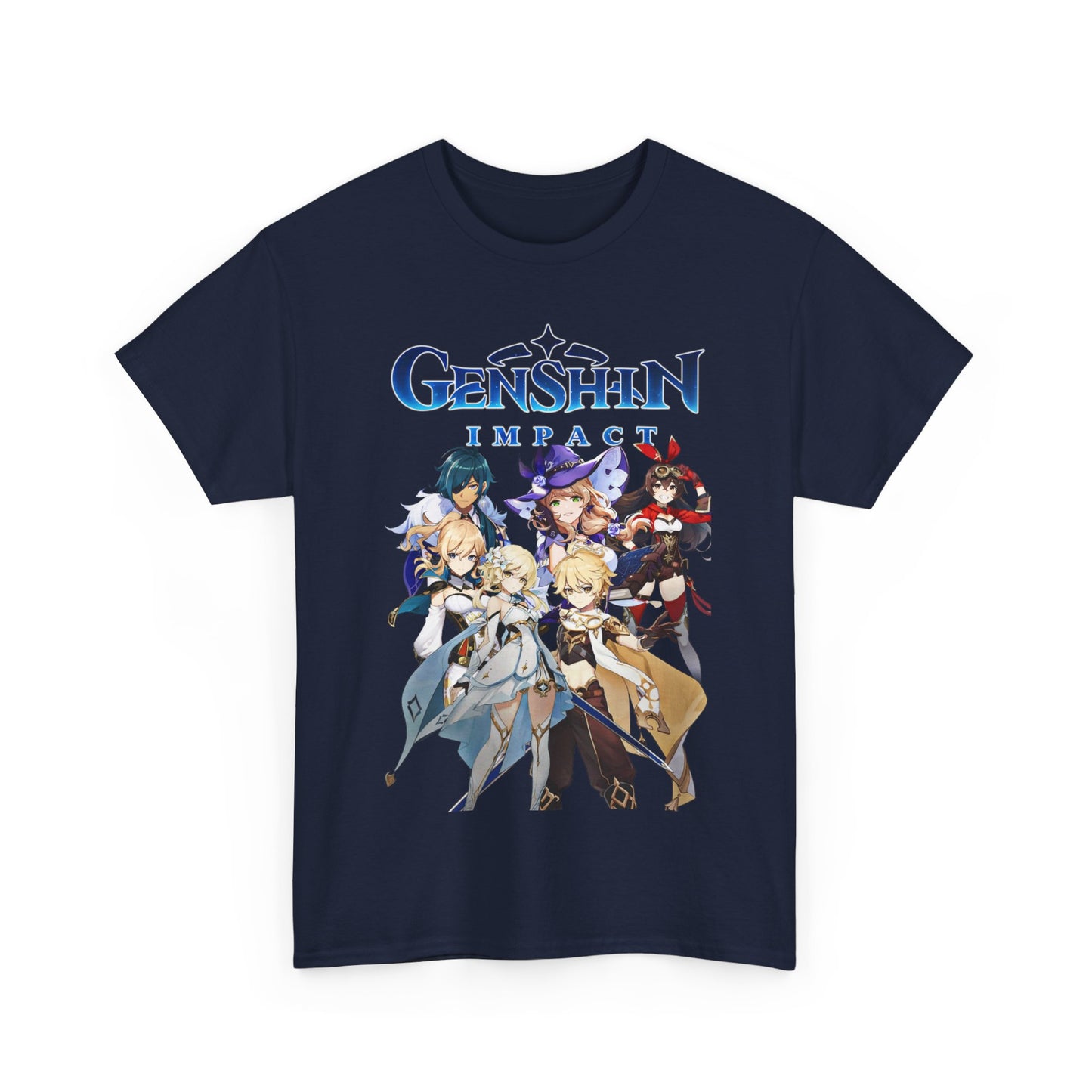 Luxurious dark navy Genshin Impact T-Shirt featuring a vibrant graphic of iconic characters, perfect for anime and gaming enthusiasts.