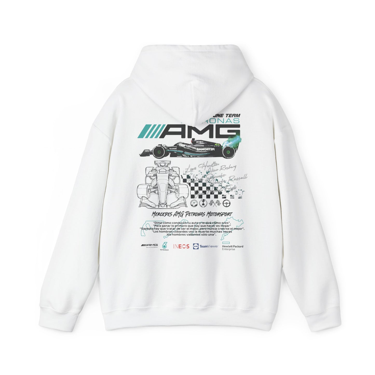 Luxurious white hoodie featuring the Mercedes AMG Petronas F1 Racing Team back graphic, showcasing an illustration of a Formula One car, team logo, and stylish signatures of legendary drivers.