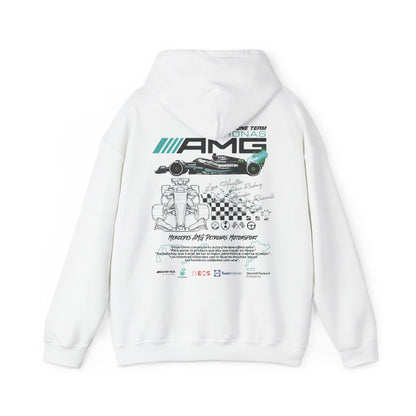 Stylish white hoodie featuring the Mercedes AMG Petronas F1 Racing Team graphic design, showcasing intricate illustrations of a racing car, team logos, and motivational quotes, ideal for motorsport enthusiasts.
