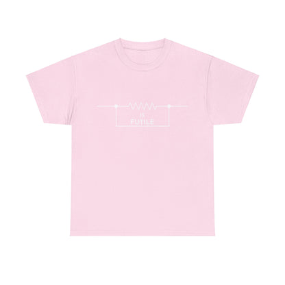 Luxury Borg-inspired graphic tee shirt in soft pink featuring the phrase 'IS FUTILE' within a resistor symbol, embodying a chic Star Trek aesthetic.