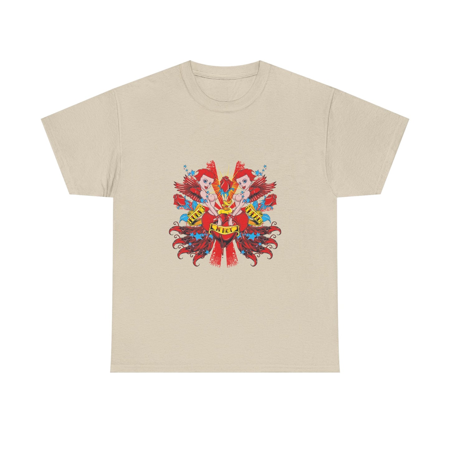 Luxury Heartfelt Rebellion T-shirt in beige displaying beautifully illustrated cherubs surrounding a luminous heart, featuring dynamic colours and artistic flair.