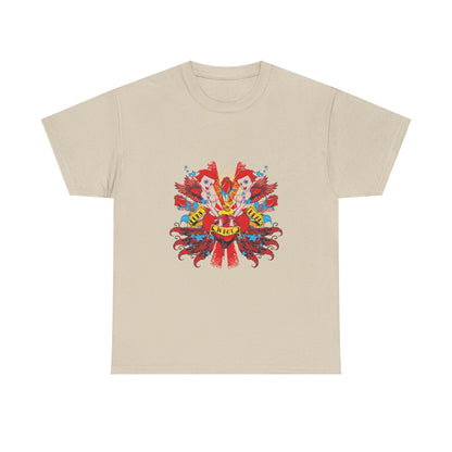 Luxury Heartfelt Rebellion T-shirt in beige displaying beautifully illustrated cherubs surrounding a luminous heart, featuring dynamic colours and artistic flair.