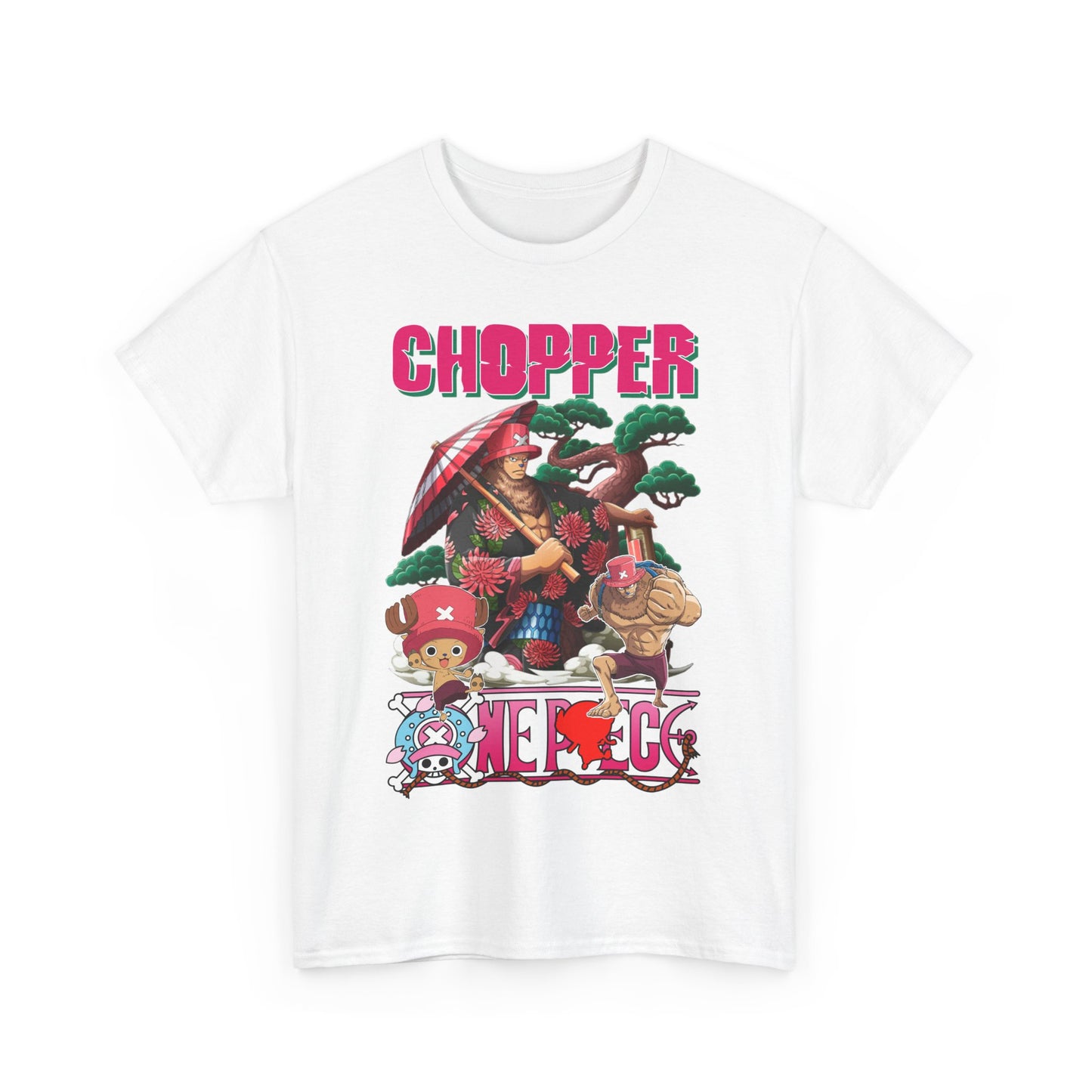 Classic white t-shirt for men featuring vibrant anime graphic art of Chopper and friends, ideal for casual outings or as a unique fashion statement.