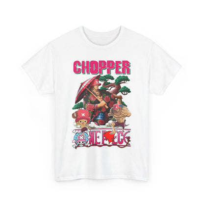 Classic white t-shirt for men featuring vibrant anime graphic art of Chopper and friends, ideal for casual outings or as a unique fashion statement.