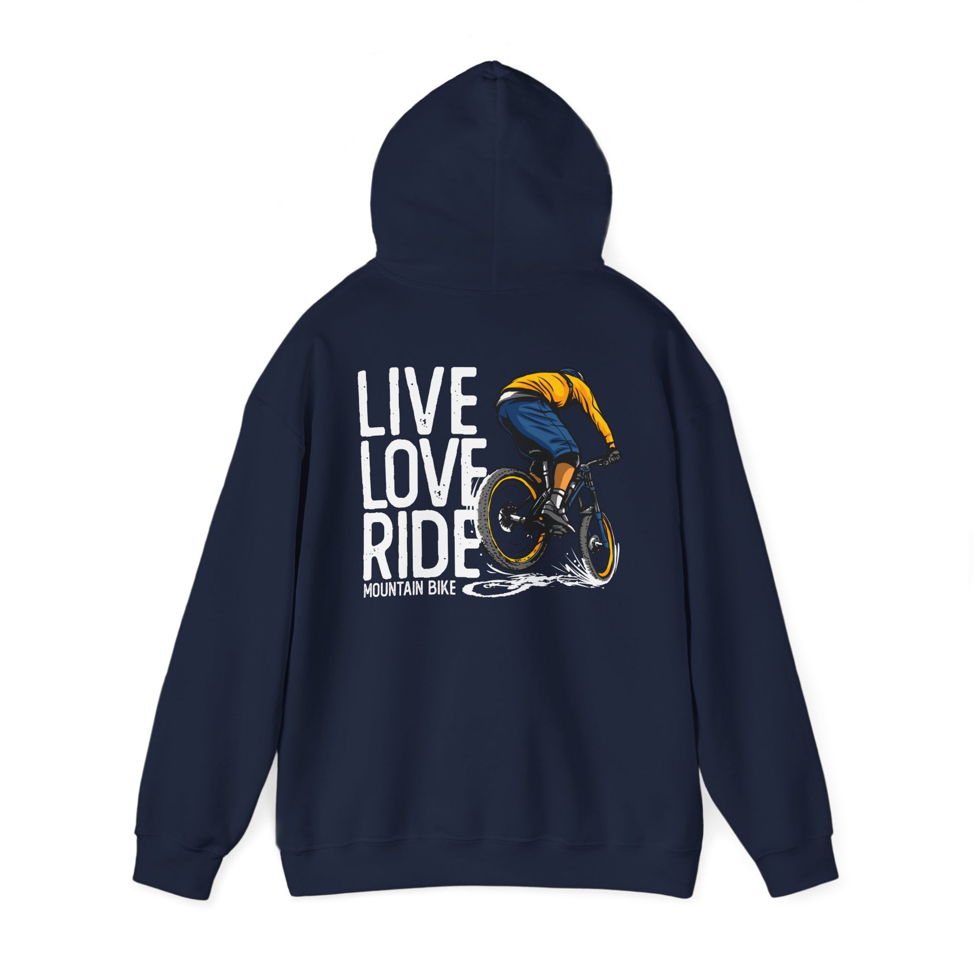 Luxurious navy hoodie featuring a striking back print with the phrase 'LIVE LOVE RIDE' and an illustrated mountain biker mid-action, perfect for cycling enthusiasts.