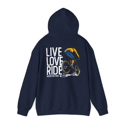 Luxurious navy hoodie featuring a striking back print with the phrase 'LIVE LOVE RIDE' and an illustrated mountain biker mid-action, perfect for cycling enthusiasts.