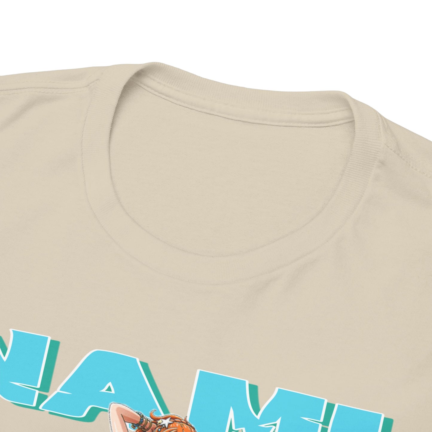 Close-up view of the Nami anime t-shirt neckline, highlighting the premium quality fabric and soft texture, ideal for all-day comfort and luxury style.