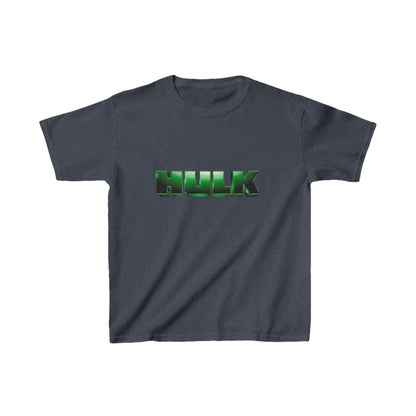 Kids Incredible Hulk Heavy Duty T-Shirt in navy, featuring a vibrant Hulk logo, ideal for young fans of the mighty superhero.