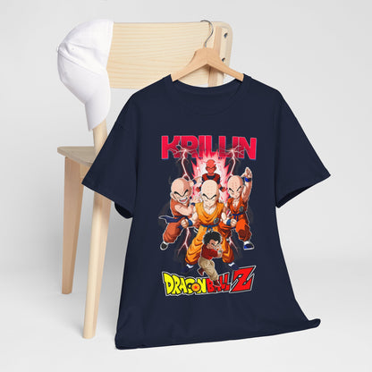 Stylish Dragon Ball Z Krillin T-shirt elegantly draped over a wooden chair with a white cap, showcasing dynamic artwork of action-packed Z fighters in vivid colours.