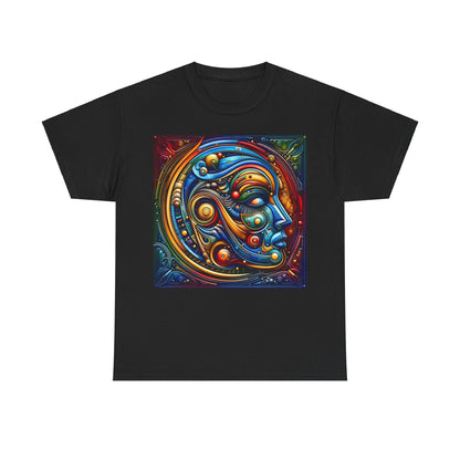 Stained Glass Dreams Unisex T-Shirt in black featuring a vibrant abstract face design inspired by Art Deco elements.