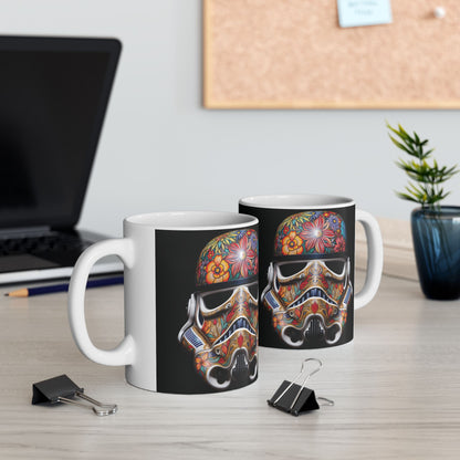 Artistic Floral Stormtrooper Mug – two artistic mugs featuring floral Stormtrooper designs, elegantly placed on a desk, ideal for stylish office decor.