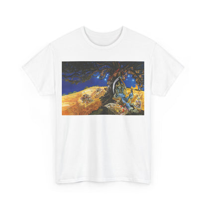 Discworld Reaper Man Graphic Unisex Tee - Luxurious Terry Pratchett Tribute Shirt featuring an artistic graphic illustrating Death under a tree, perfect for fans of the Discworld series.