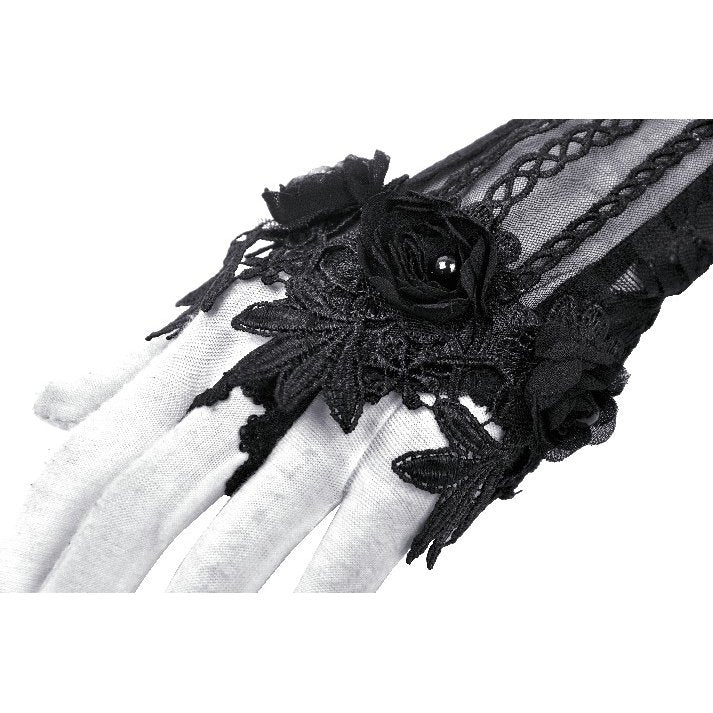 Detailed view of Gothic fingerless gloves showcasing exquisite embroidery and whimsical floral decorations, ideal for a Gothic-inspired look.