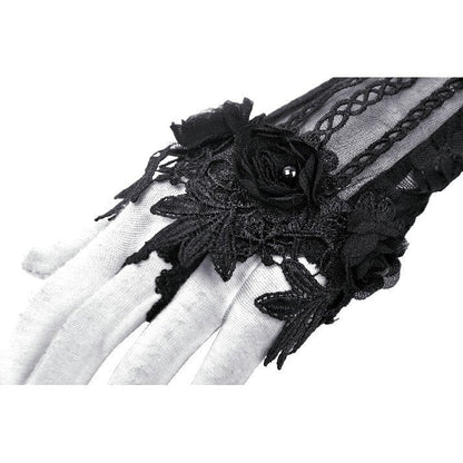 Detailed view of Gothic fingerless gloves showcasing exquisite embroidery and whimsical floral decorations, ideal for a Gothic-inspired look.