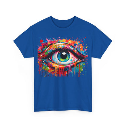 Front view of the Visionary Drip Graffiti Graphic Unisex T-Shirt Tee in blue, featuring an artsy eye design that embodies creativity and individuality.