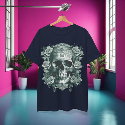 Skulls and Roses Cotton Tee displayed against a stylish interior, featuring intricate skull and rose designs, embodying edgy fashion and luxury aesthetics.