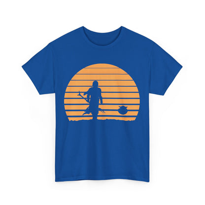 Front view of the Mandalorian Sunset Graphic Unisex T-Shirt showcasing an artistic silhouette of the Mandalorian against a sunset backdrop, crafted in premium soft cotton.