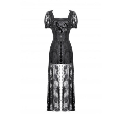 Close-up of the puff sleeves on the Dark In Love Morwenna Black Maxi Dress, showcasing delicate lace details and a sweetheart neckline for a gothic allure.