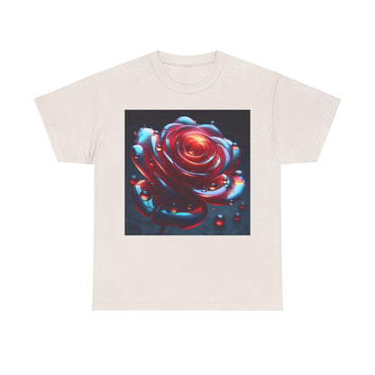 Ethereal Rose Unisex Graphic T-Shirt - Soft Cotton Tee with Iridescent Floral Design featuring a stunning close-up of a stylised rose with water droplets on a light background.