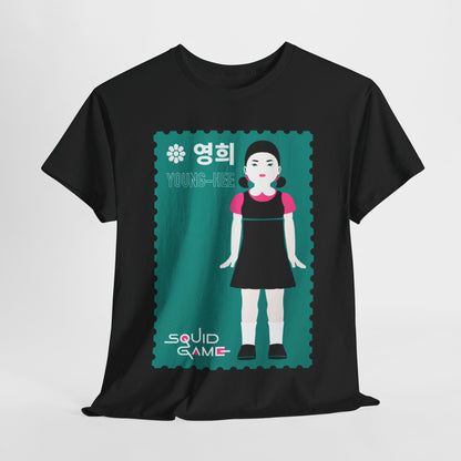 Elegant black cotton graphic tee featuring a vibrant illustration of Young-Hee from the hit series Squid Game, showcasing a unique stamp-style design with the text 'Young-Hee' in Korean.