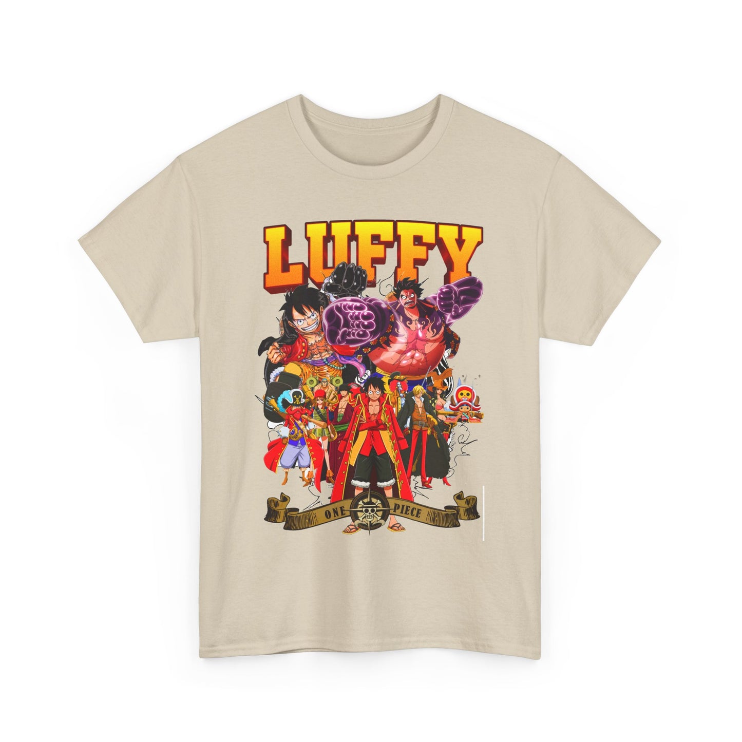Luxurious Luffy graphic t-shirt showcasing vibrant anime characters from One Piece, perfect for trendsetting fans of the legendary series.