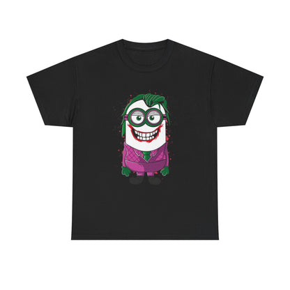 Men's Funny T Shirt showcasing a Joker Minion design, ideal for anyone looking to add a playful touch to their wardrobe, celebrating the spirit of both Minions and the Dark Knight.