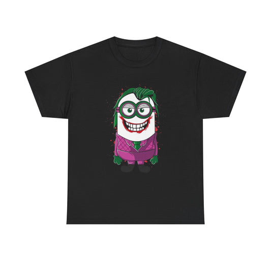 Men's Funny T Shirt showcasing a Joker Minion design, ideal for anyone looking to add a playful touch to their wardrobe, celebrating the spirit of both Minions and the Dark Knight.