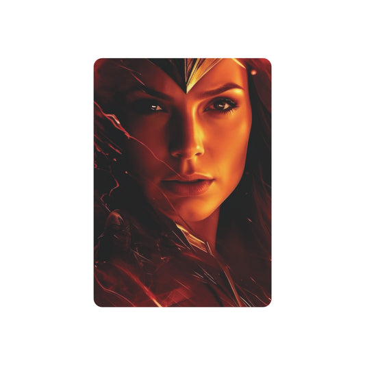 Wonder Woman Metal Art Poster depicting a fierce close-up of the iconic heroine's face, celebrating empowerment with a striking design.