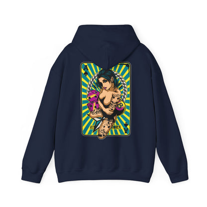 Elegant navy hoodie with a bold back print featuring a tattooed woman alongside playful card motifs, all framed by an eye-catching turquoise and yellow striped background.