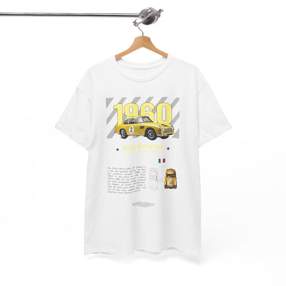 Aston Martin DB4 GT Zagato T-Shirt displayed on a hanger, highlighting the exquisite graphic design of the classic 1960 car in a luxurious setting.