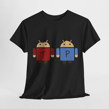 South Park Terrance and Phillip Droids Unisex Men´s Women´s Graphic T-Shirt featuring two cartoon android characters, one in a red shirt with 'T' and the other in a blue shirt with 'P', exuding a whimsical charm, perfect for fashion-forward fans.