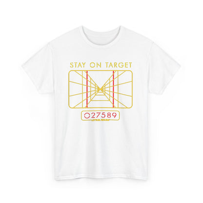 Stay On Target Star Wars Funny Graphic Unisex T Shirt showcasing a humorous X-Wing targeting grid motif with stylish colour contrast, ideal for pop culture fans.