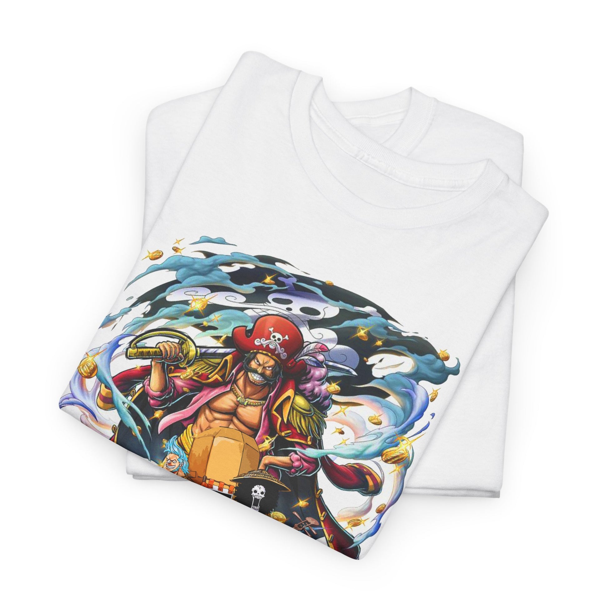 Luxury graphic tee featuring a pirate character in vibrant colours, showcasing intricate details and an adventurous anime design, perfect for trendsetting anime enthusiasts.