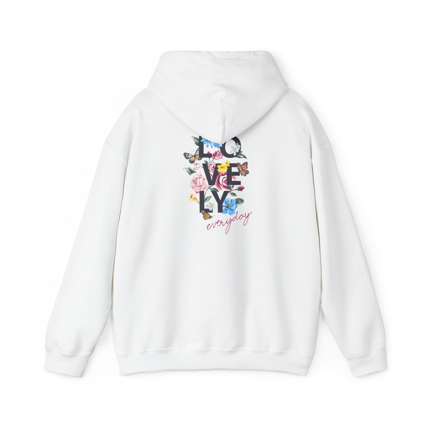 Elegant white hoodie featuring a vibrant floral back print with the word 'LOVELY' in bold typography. Ideal for adding a touch of nature-inspired luxury to your wardrobe.