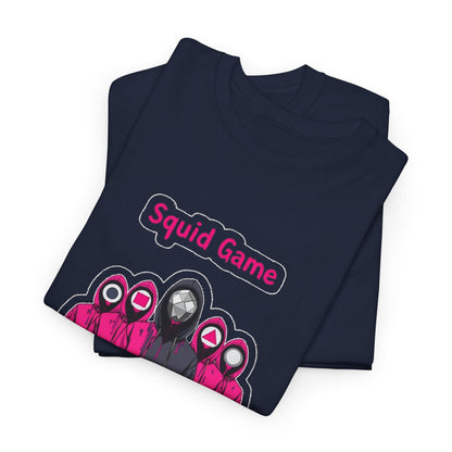 Folded Squid Game Unisex Men´s Women´s Graphic Cotton Funny T Shirt Tee showcasing intricate design of pink hooded figures on a deep navy background, merging elegance with playful allure.