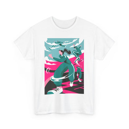 Elegant unisex t-shirt featuring an eye-catching graphic design inspired by Squid Game, highlighting fluid movement and vibrant colours for a trendy look.