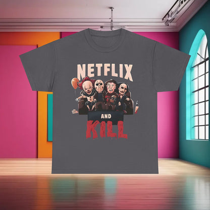 Luxury 'Netflix and Kill' Graphic T-Shirt showcasing iconic horror characters on a chic couch, perfect for horror enthusiasts.