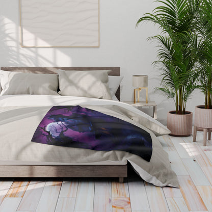 Luxurious Decorative and Warm Halloween Spooky Arctic Fleece Blanket draped elegantly over a bed, with a chic interior design setting enhancing the seasonal charm.