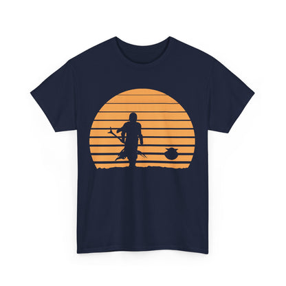 Mandalorian Sunset Graphic Unisex T-Shirt in Premium Soft Cotton showcasing the iconic Mandalorian silhouette against a stunning sunset backdrop, embodying luxury and adventure.