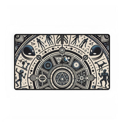 Artistic close-up of the Cosmic Hieroglyphic Tranquility Mat, featuring a captivating arrangement of ancient symbols and cosmic elements for an elegant workspace.