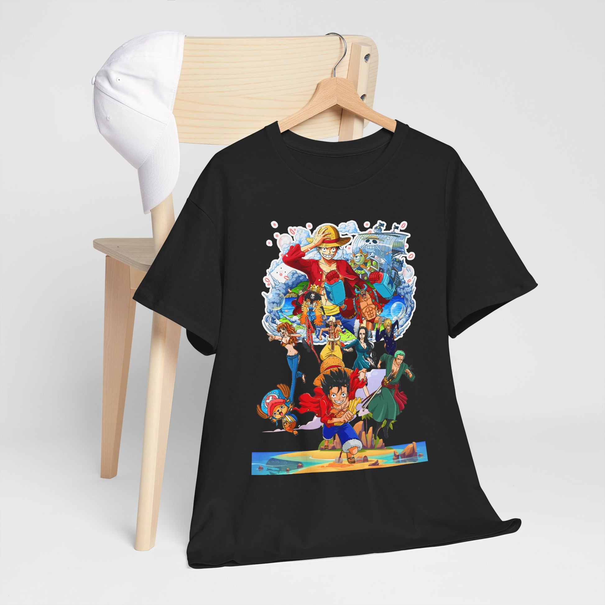 Chic black anime t-shirt showcased on a wooden chair beside a pristine cap, highlighting an eye-catching design of beloved characters, perfect for a trendy casual look.
